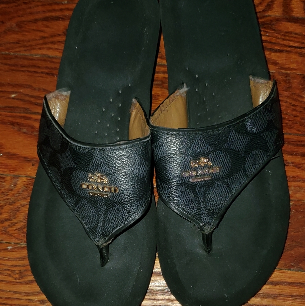 Black and Gray Coach Signature Wedged Slides